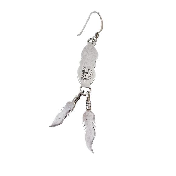 Turquoise Feather Single Dangle Earring | Southwest Vintage Sterling Silver 925 - Picture 4 of 7